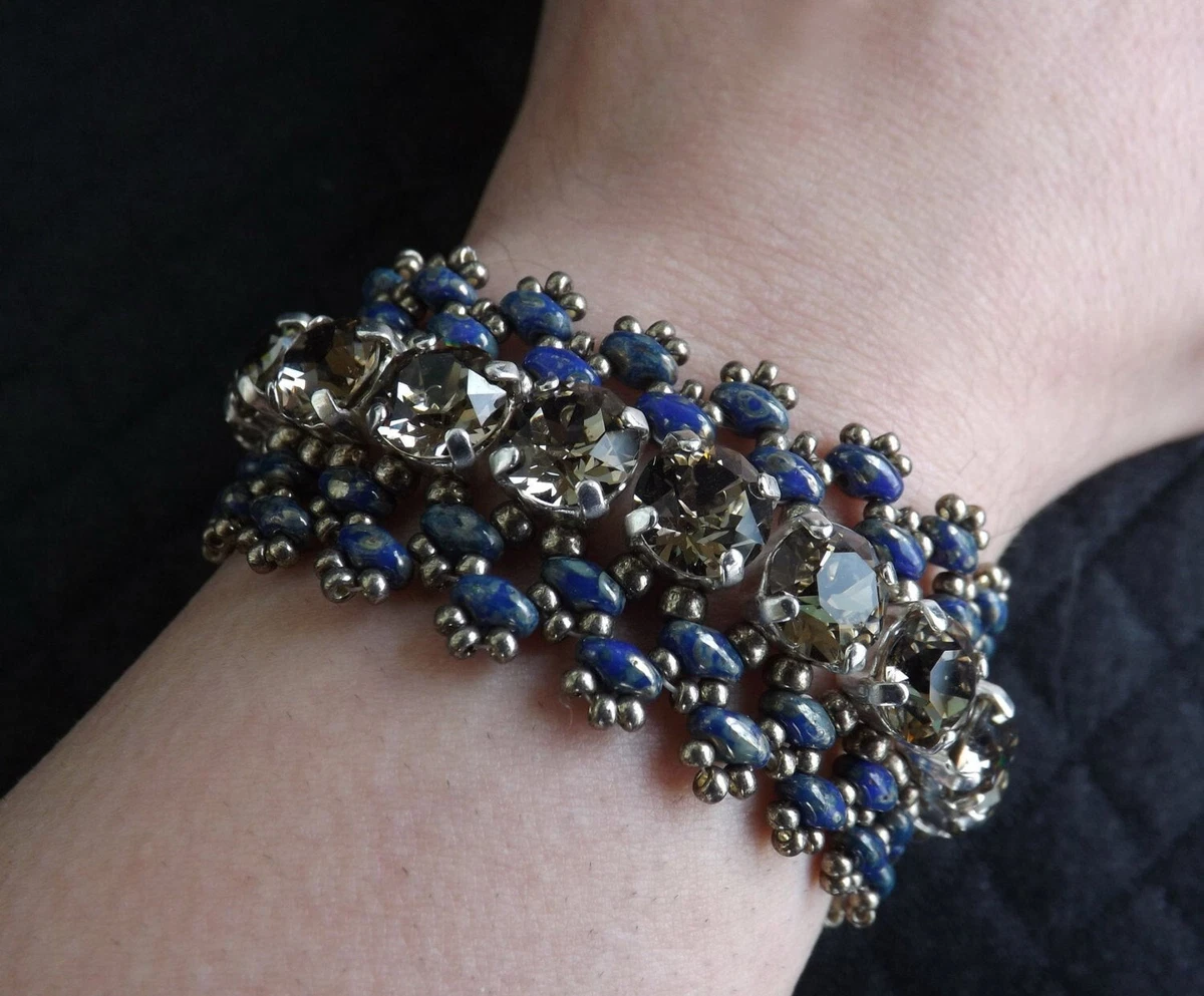 Bracciale con perline blu di cristallo bianco naturale per