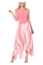 Antthony Women's Mixed Media Handkerchief Hem Pleated Dress Coral