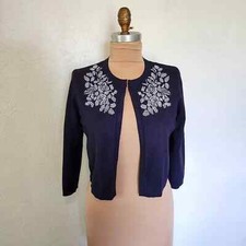 Tommy Hilfiger Cropped Beaded Cardigan Navy Blue  White Medium