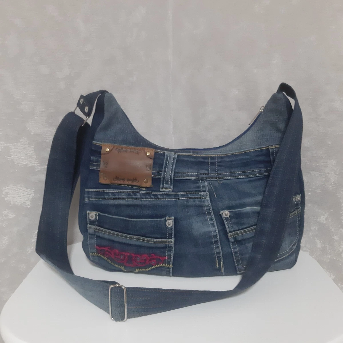 Women's Distressed Patchwork Denim Buckle Shoulder Bag