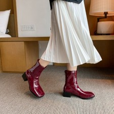 Womens Shiny Patent Leather Zip Ankle Boots Square Toe Chunky Heels Party Shoes