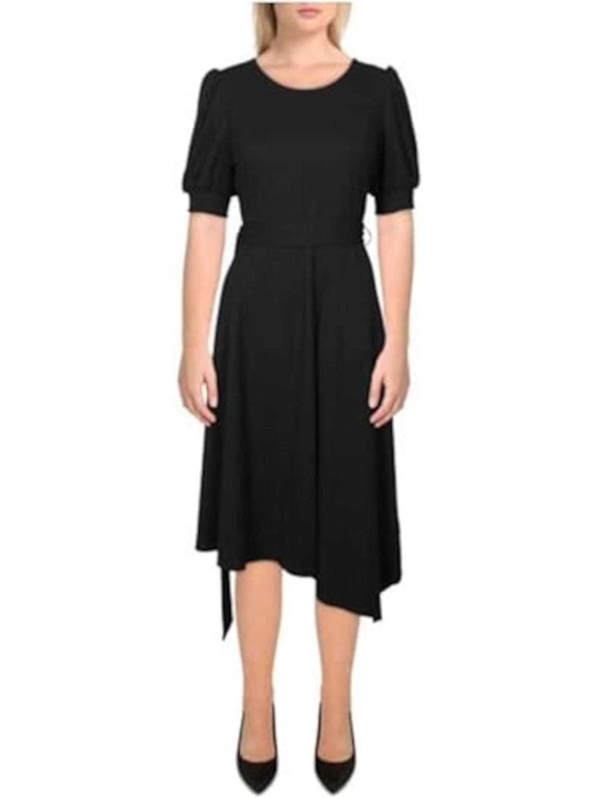 Женское черное платье с поясом и манжетами с асимметричным подолом от КАРЛА ЛАГЕРФЕЛЬДА в ПАРИЖЕ 12