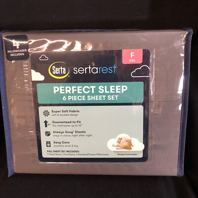 Serta SertaRest Comfy Sleep Sheet Set Gray Secure Fit On Mattress Full 6 pc @#31