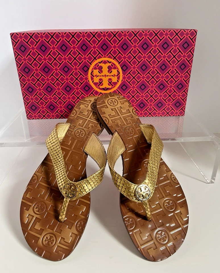 Sandalias Tory Burch Gold Thora 2 metálicas con estampado de serpiente caídas para mujer talla 9 Foto 2 de 4