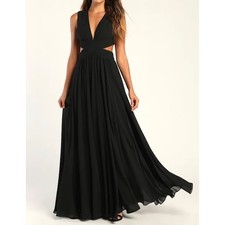 Lulus Vivid Imagination Black Pleated Cutout Maxi Dress Sleeveless V-Neck Gown L
