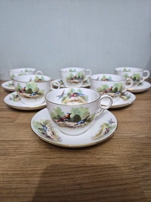 6er Set Vintage Toskanische Porzellan Tasse & Untertasse Duos Spiel Vögel Soane & Smith London