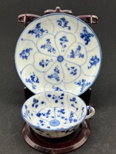 Antique Qing Dynasty Hand-Painted Lotus Teacup and Saucer