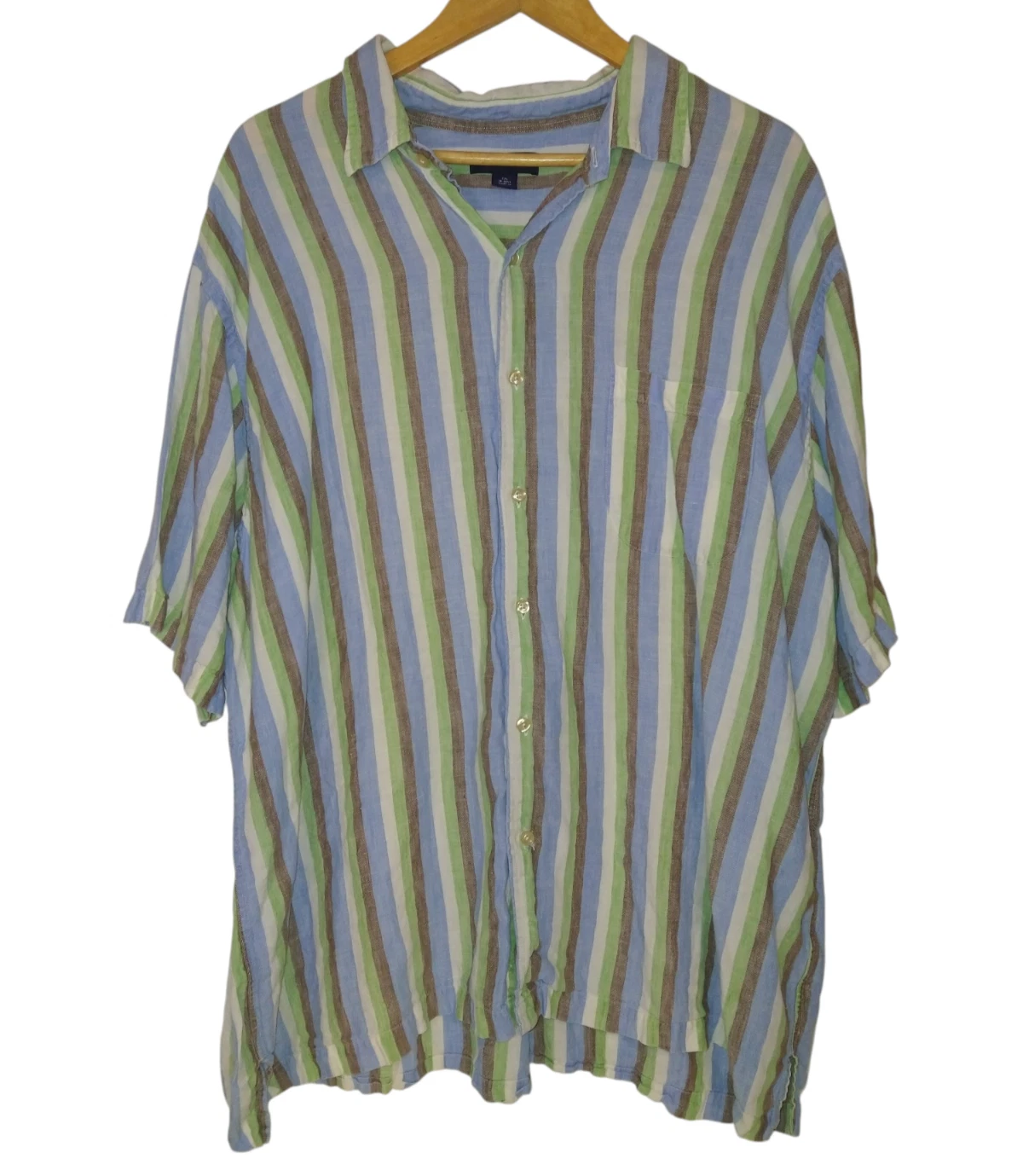 Lands’ End Shirt 100% Linen Men’s XXL 2XL Striped Short Sleeve Lightweight