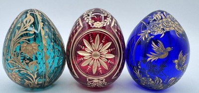 Set of 3 Russian Hand Painted Glass Decorative Eggs St Petersburg Luxe Intricate