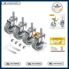 4 Pack Stem Casters Wheels 3/8-16 x 1-1/2 with Brakes for Shelving Utility Carts