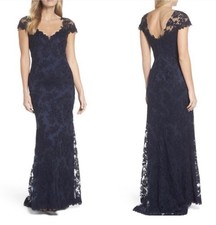 Tadashi Shoji Navy Blue Floral Embroidered Corded Lace Sheer Mesh Evening Gown 6
