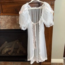 Vintage sheer white lingerie robe lace pink ribbon bridal coquette romantic S