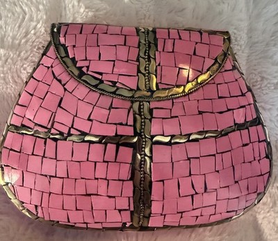 RAMLA Glossy Pink Mosaic Crossbody/Clutch with gold accents NEW