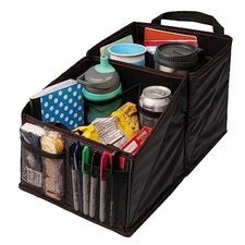  9-Compartment Car Seat Organizer with Cup Holders - Black with Red Stitching