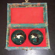 Vintage Chinese Cloisonn  Baoding Balls with Chimes Green With Dolphins In Box