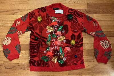 Ugly Christmas Red Flamingo Tropical Sweater 33 Degrees Women's Small (S) NWT