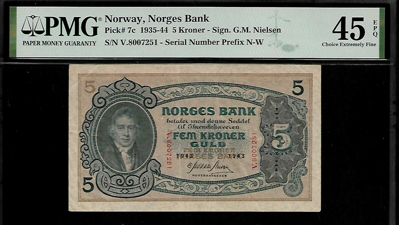 Norway 5 Kroner 1943 PMG 45 EPQ P#7c Series V, Norges Bank