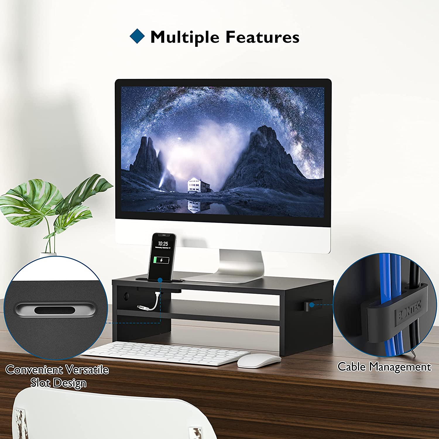 2-Tier Wood Monitor Stand Riser w/ Storage Organizer, 16.5" Ergonomic ...