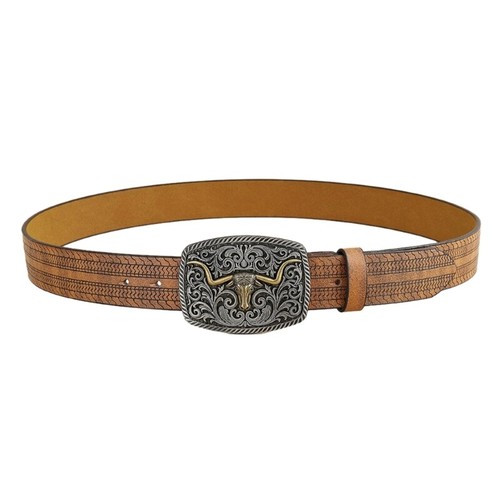 PU Waist Belt for Male Brown Engraved Waistband Belt for Men Western