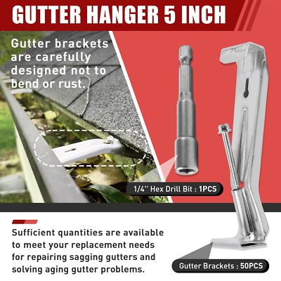 Aluminum Gutter Hangers 100 Pack 100 Pcs Heavy Duty Aluminum Gutter Hangers With 1/4'' Hex Drill Bit – Fix Sagging Gutters Fast, Pre-Inserted Screws