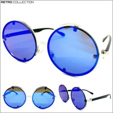 EXAGGERATED Vintage Retro Modern Style SUN GLASSES Round Silver Frame Blue Lens