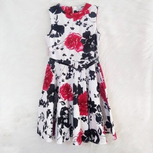NEW Kate Kasin Floral Black/Red Sleeveless Belted Girl's Dress Size 8-9Y - Afbeelding 1 van 7