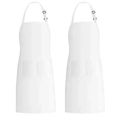 2 Pack Bib Aprons With 2 Pockets Kitchen Apron Cooking Chef White