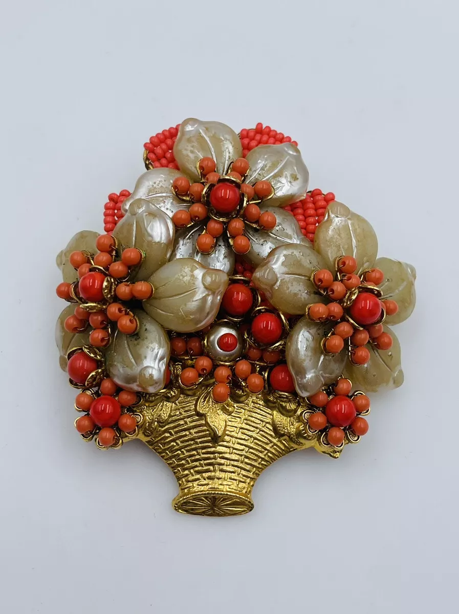 Stanley Hagler NYC Ian St. Gielar Flower Basket Coral Glass Bead Brooch Pin