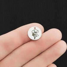 Birth Flower Stainless Steel 13mm Round Charms - August Poppy - BFS007-5955