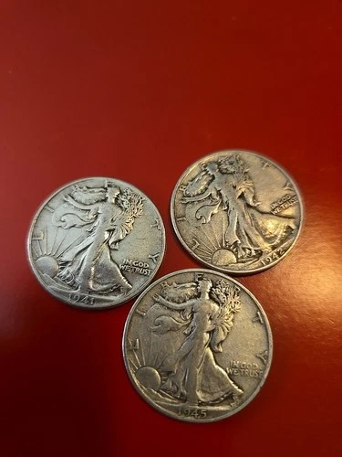 LOT OF 3 - Silver Walking Liberty Half Dollars - 1941 / 1942 / 1945 - Very Good
