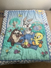 Vintage 90s Baby Looney Tunes Quilted Crib Blanket Blue Bugs Taz Tweety Picnic