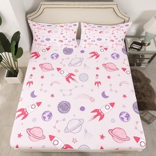 Girls Space Rocket Print Bed Sheet Set for Kids Boys Teens Pink Galaxy Conste...