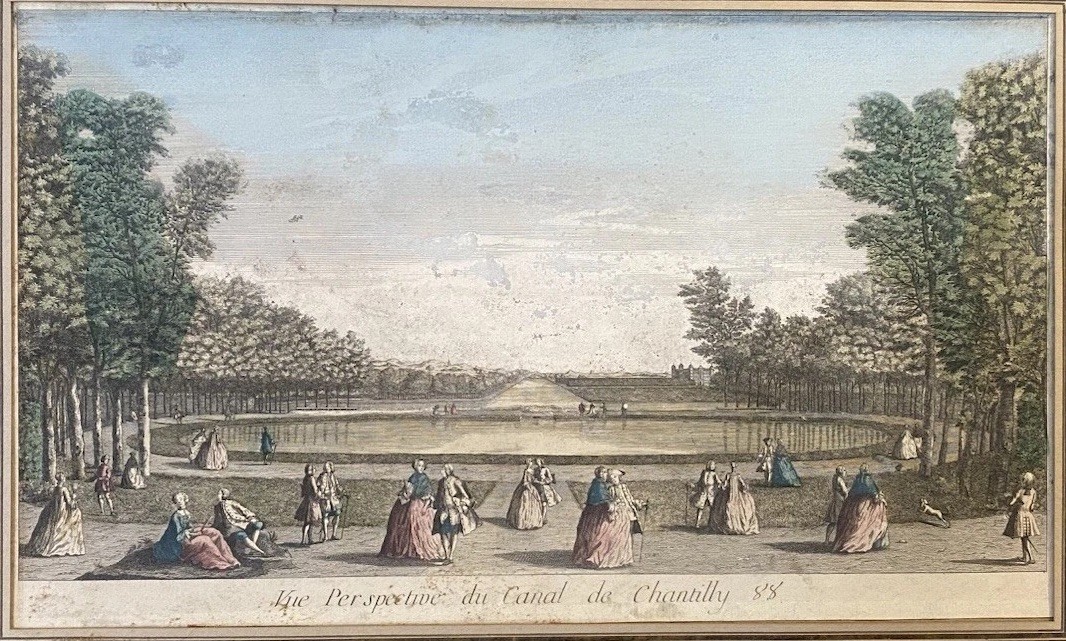 18th C Vue d’Optique Hand Colored Engraving Canal de Chantilly Framed 
