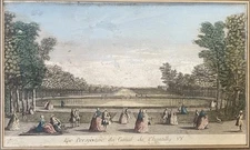 18th C Vue d’Optique Hand Colored Engraving Canal de Chantilly Framed 