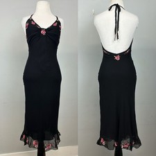 Vintage Y2K Betsey Johnson 100 Silk Rose Embroidered Halter Slip Dress Sz 4