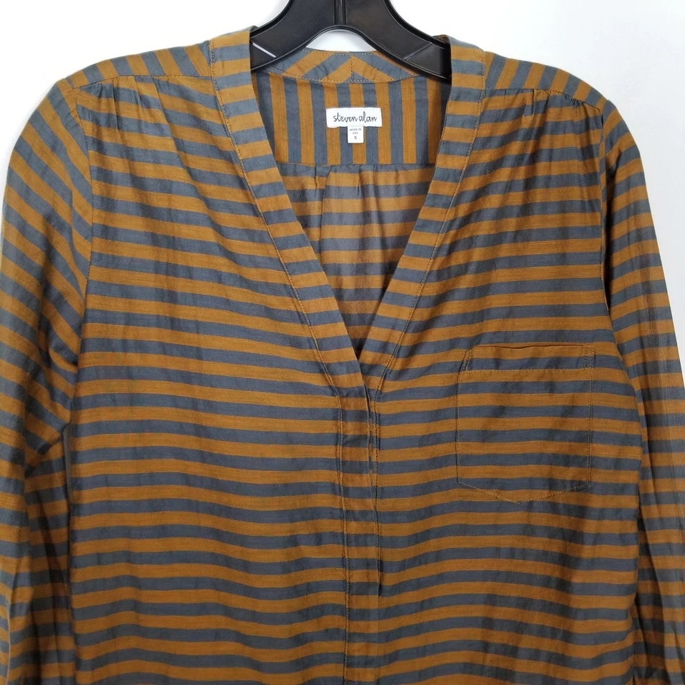Steven Alan Cotton Silk Striped  Blouse Top  S Brown Gray Button Up Long Sleeve - Image 2 of 4