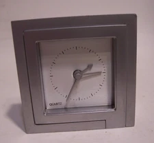 VTG Quartz Desk Clock Modernist MCM Brushed Metal Heavyweight  2"x2" Exec. Gift