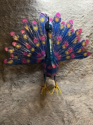Metal Blue Peacock Bird Sculpture Outdoor Garden Decor Lawn Art