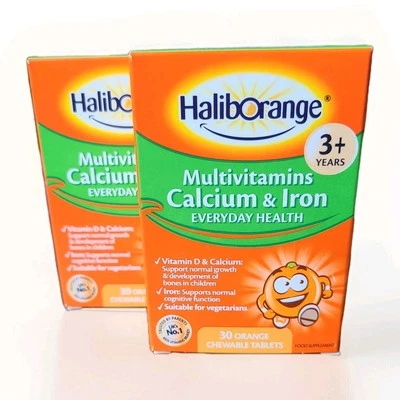 2 x 30 HALIBORANGE MULTIVITAMINS CALCIUM & IRON ORANGE CHEWABLE 3+year TABLETS