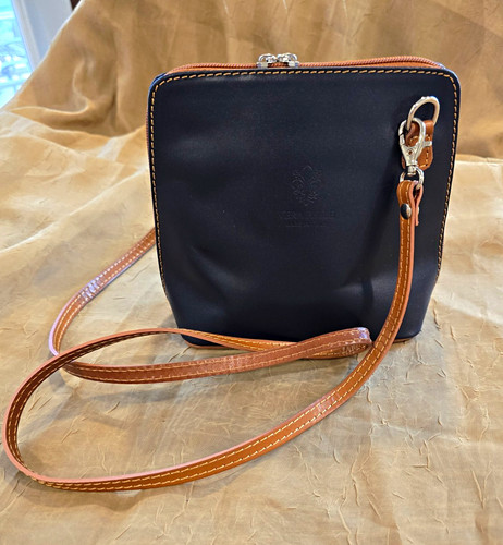 Vera Pelle Navy Crossbody Bag Zip Closure Brown Strap Silver Hardware Leather