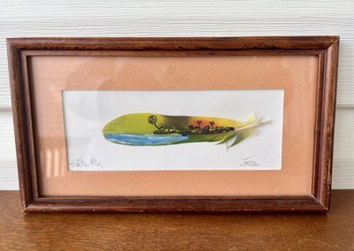 Vtg Framed Folk Art Painting On Feather Artist Signed Costa Rica Scene 9'' x 5''