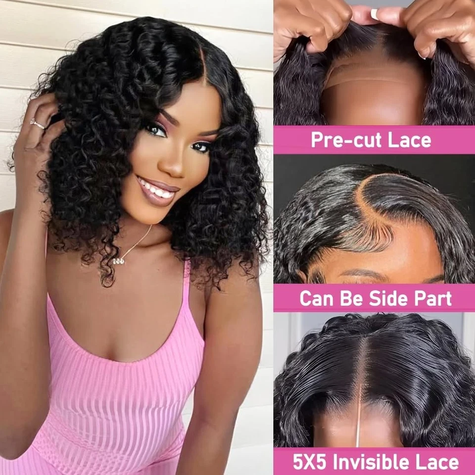 Curly Bob Wear and Go Glueless Wig Human Hair Pre Plucked Pre Cut 4x4 Lace Wig - Image 2 of 4