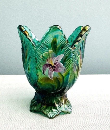 FENTON Green Glass 2 Way Tulip VOTIVE TAPER CANDLE HOLDER 4" Painted Lily Purple