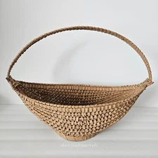 Vintage Rattan Basket Footed Boat Shape Finished Handle Uncommon French Country