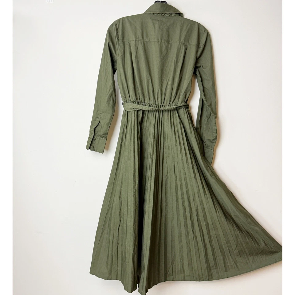 Derek Lam Collective Pleated Green Midi Shirt Dress Size 0 Women Olive Green RTR - Image 4 of 4