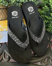 Yellow Box Africa Wedge Thong Sandals; Black W/Leather Band  Silver Studs; Sz 9