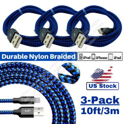 3Pack Braided USB Fast Charger Cable Heavy Duty Cord For iPhone 14 13 12 11 X XR