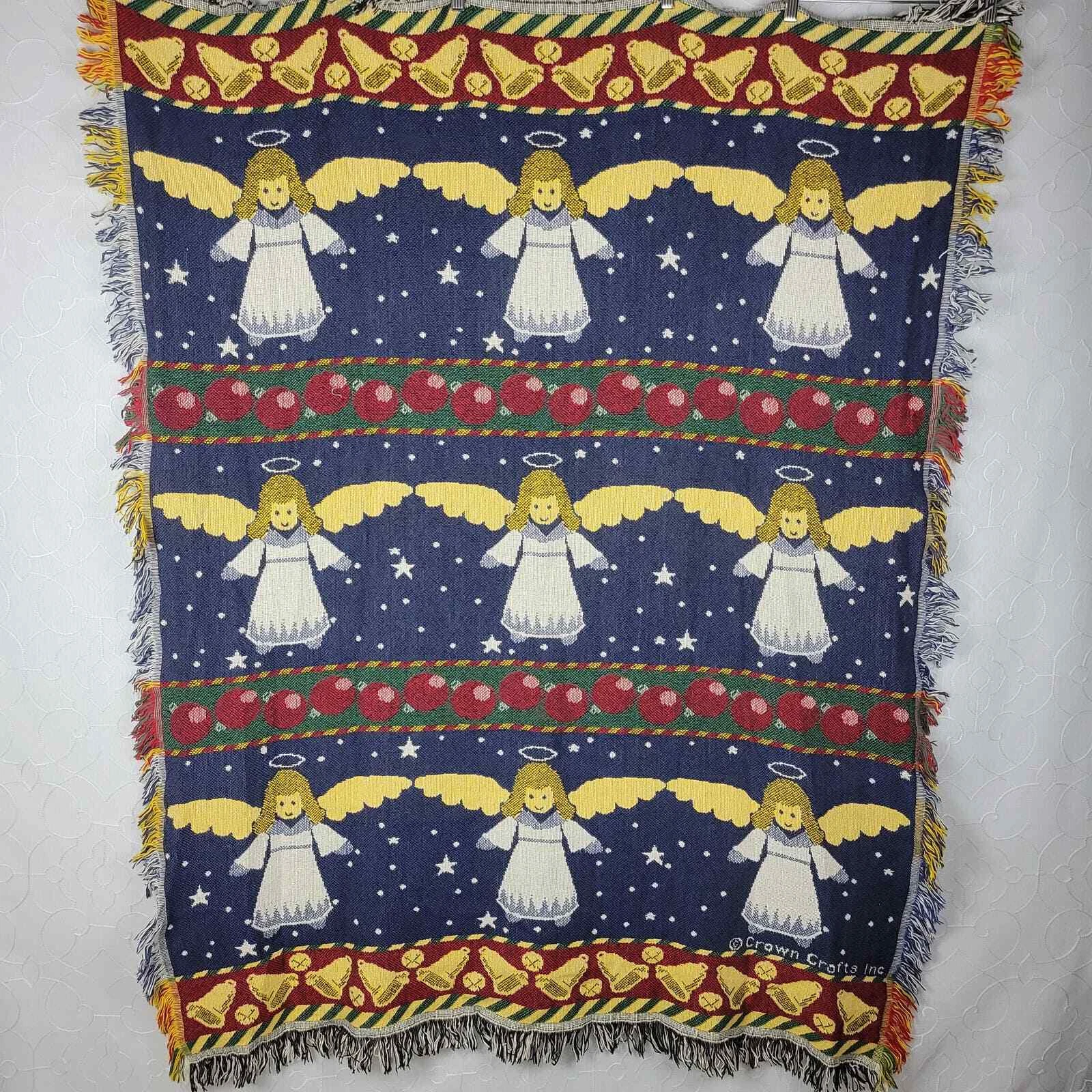 Vintage Crown Crafts Christmas Angel Woven Throw 62 x 50 Fringe Afghan Cotton