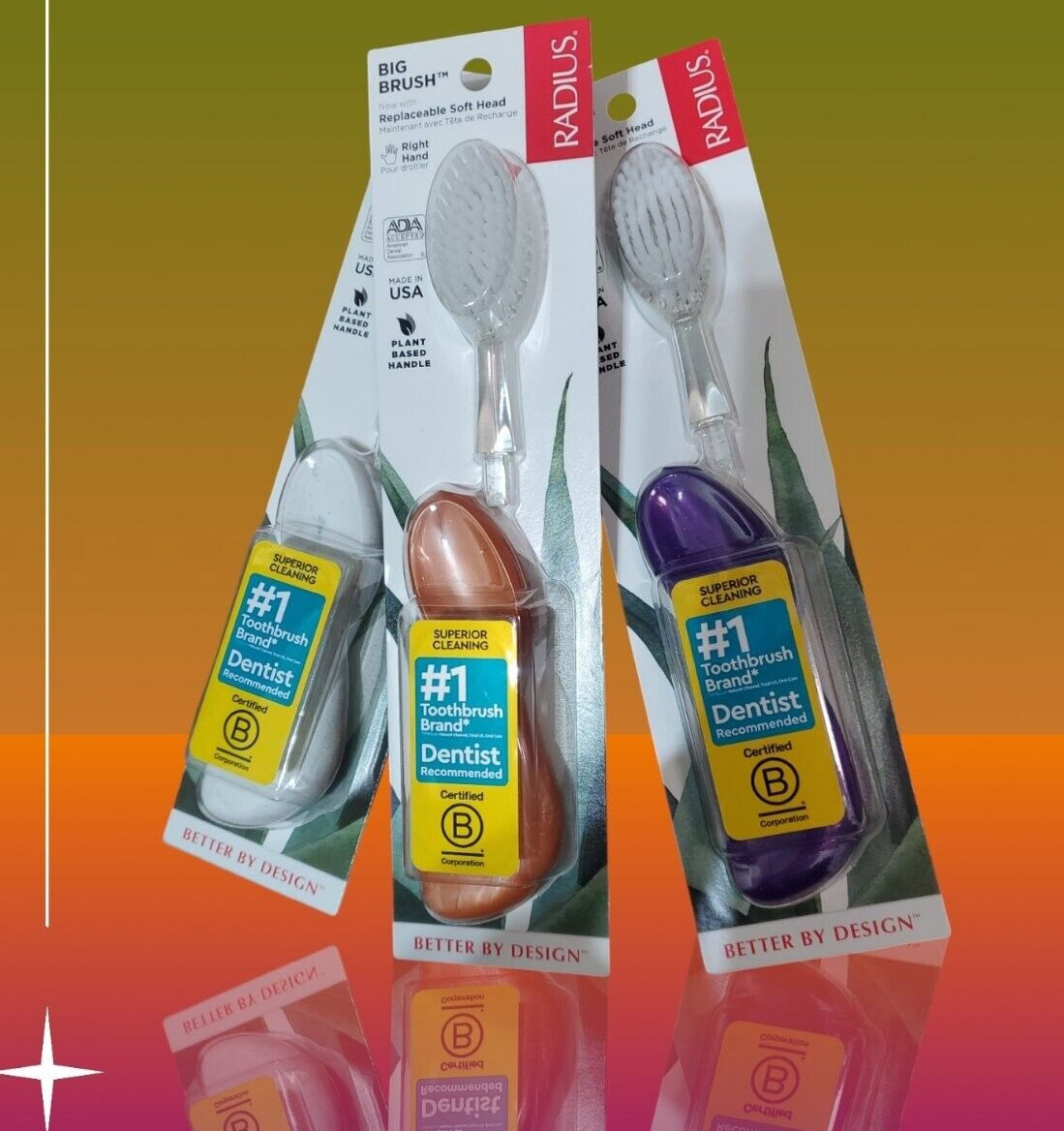 Lot of 3, RADIUS, RIGHT Hand TOOTHBRUSH with Replaceable Hea