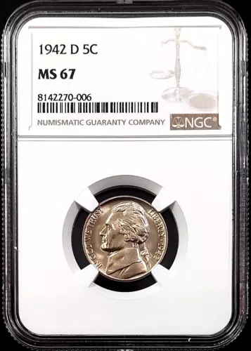 1942 D Jefferson Nickel certified MS 67 by NGC!